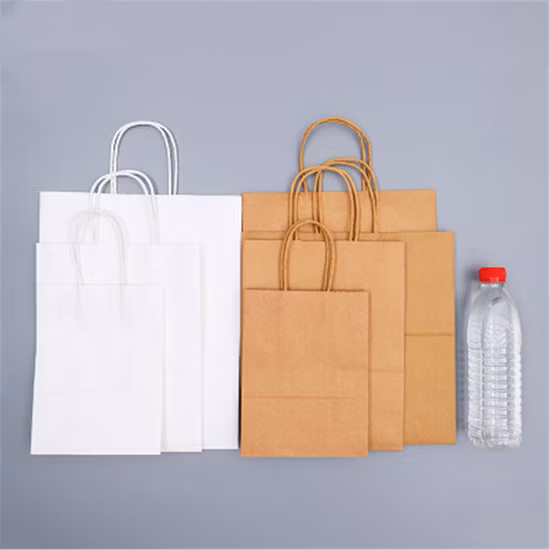 Sac en papier avec Logo personnalisé imprimé, vente en gros, épicerie, sac cadeau en papier blanc et brun avec poignée, article d'emballage de Surface industrielle